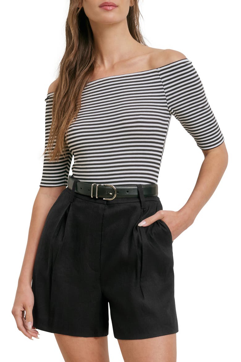 Sara Off the Shoulder Rib Top, Main, color, BLACK/ WHITE STRIPE
