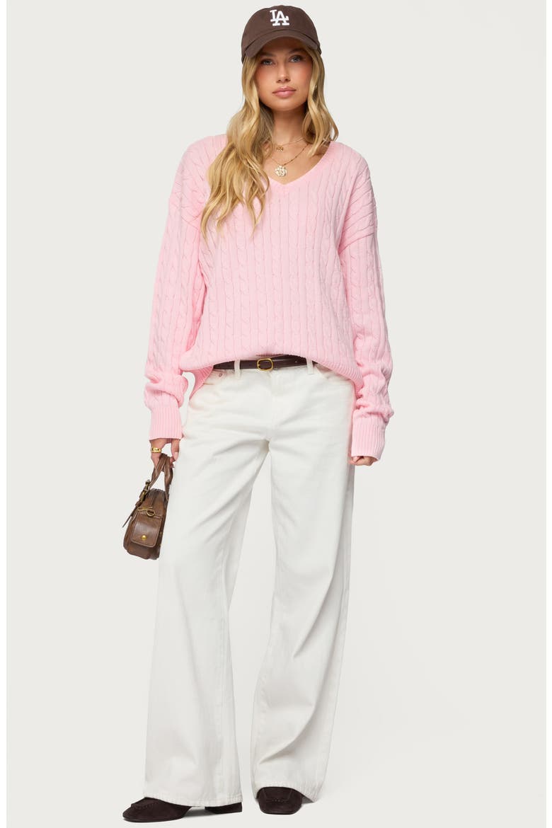 Polly V-Neck Cable Sweater, Alternate, color, LIGHT-PINK