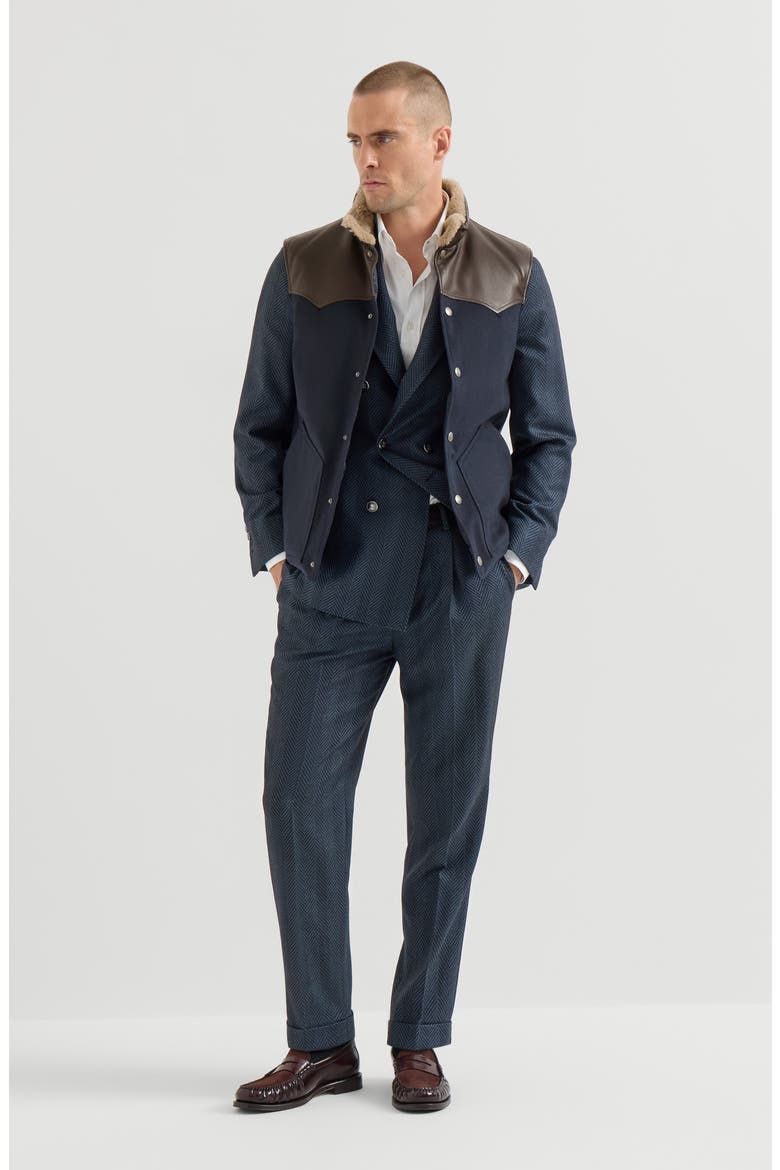 Bonded wool flannel paneled down vest with shearling collar and nappa leather inserts, Alternate, color, Blue
