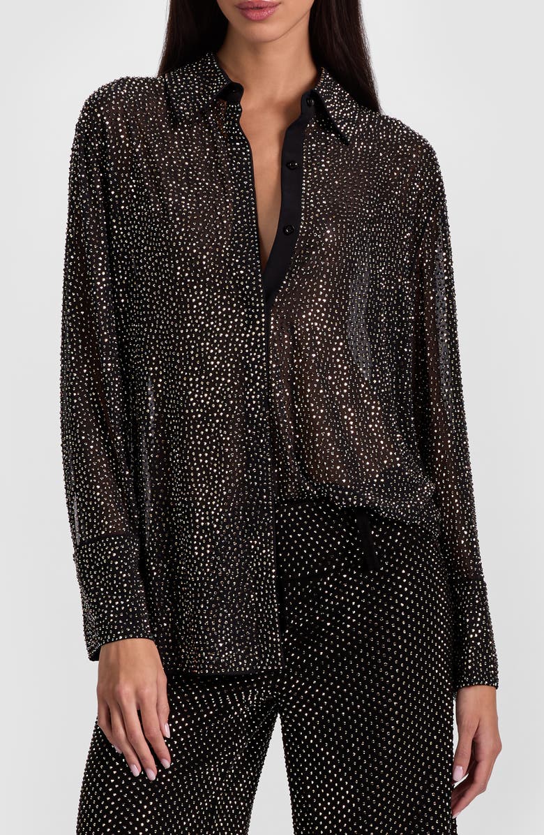 Alice + Olivia Crystal Detail Button-Up Shirt, Main, color, Black