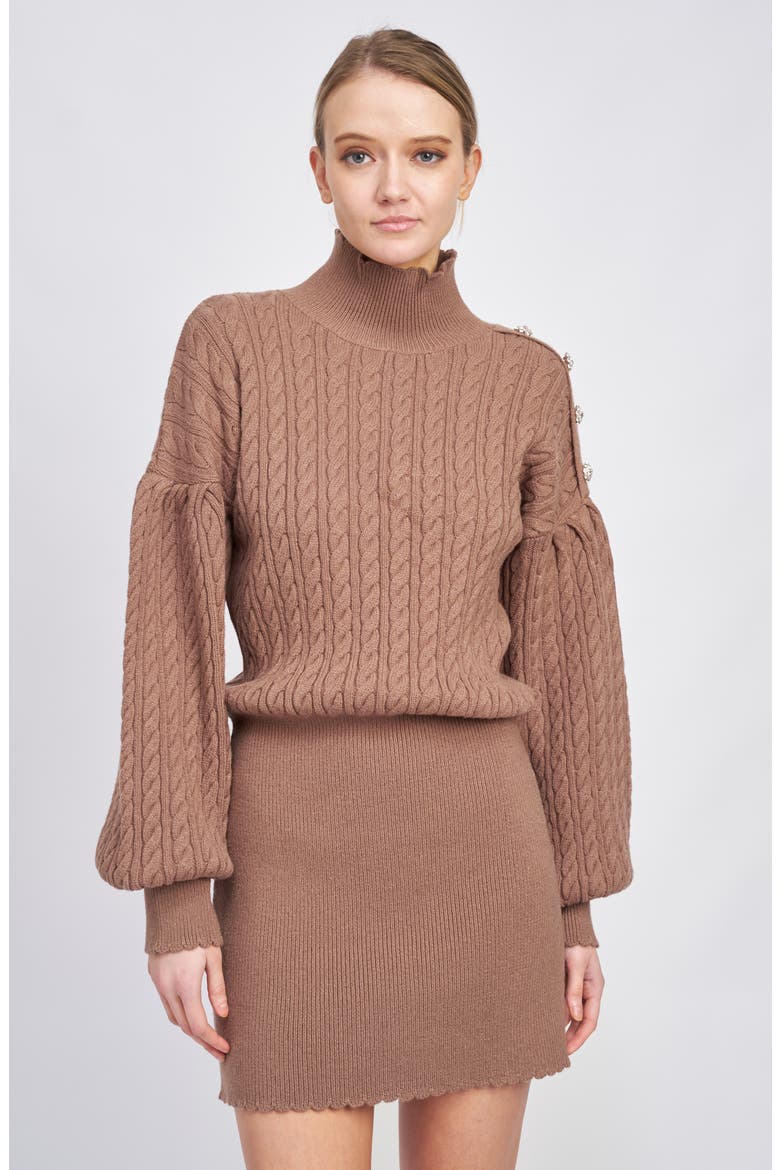 Bettany Button Shoulder Long Sleeve Turtleneck Sweater Minidress, Alternate, color, BROWN
