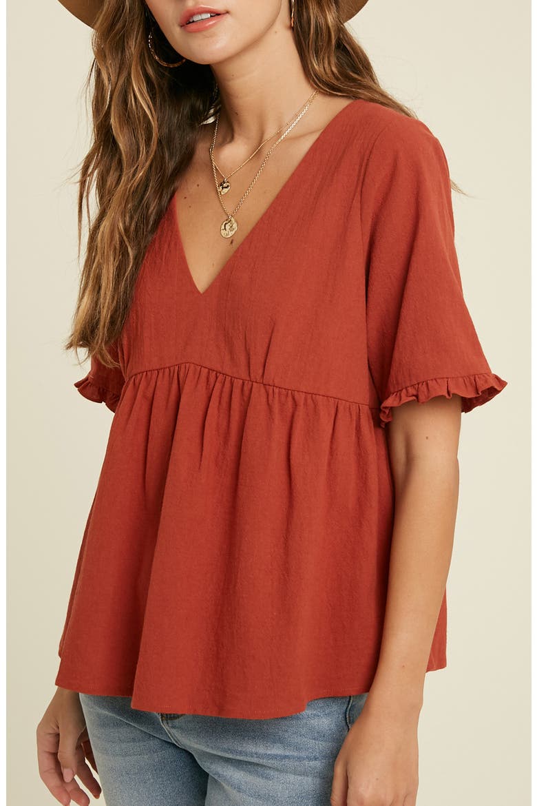 V-Neck Elbow-Length Sleeve Babydoll Top, Alternate, color, RUST
