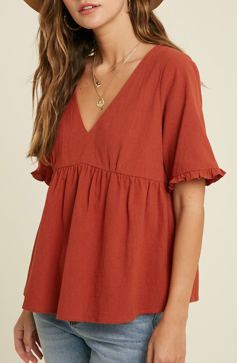WISHLIST V-Neck Elbow-Length Sleeve Babydoll Top, Alternate, color, Rust