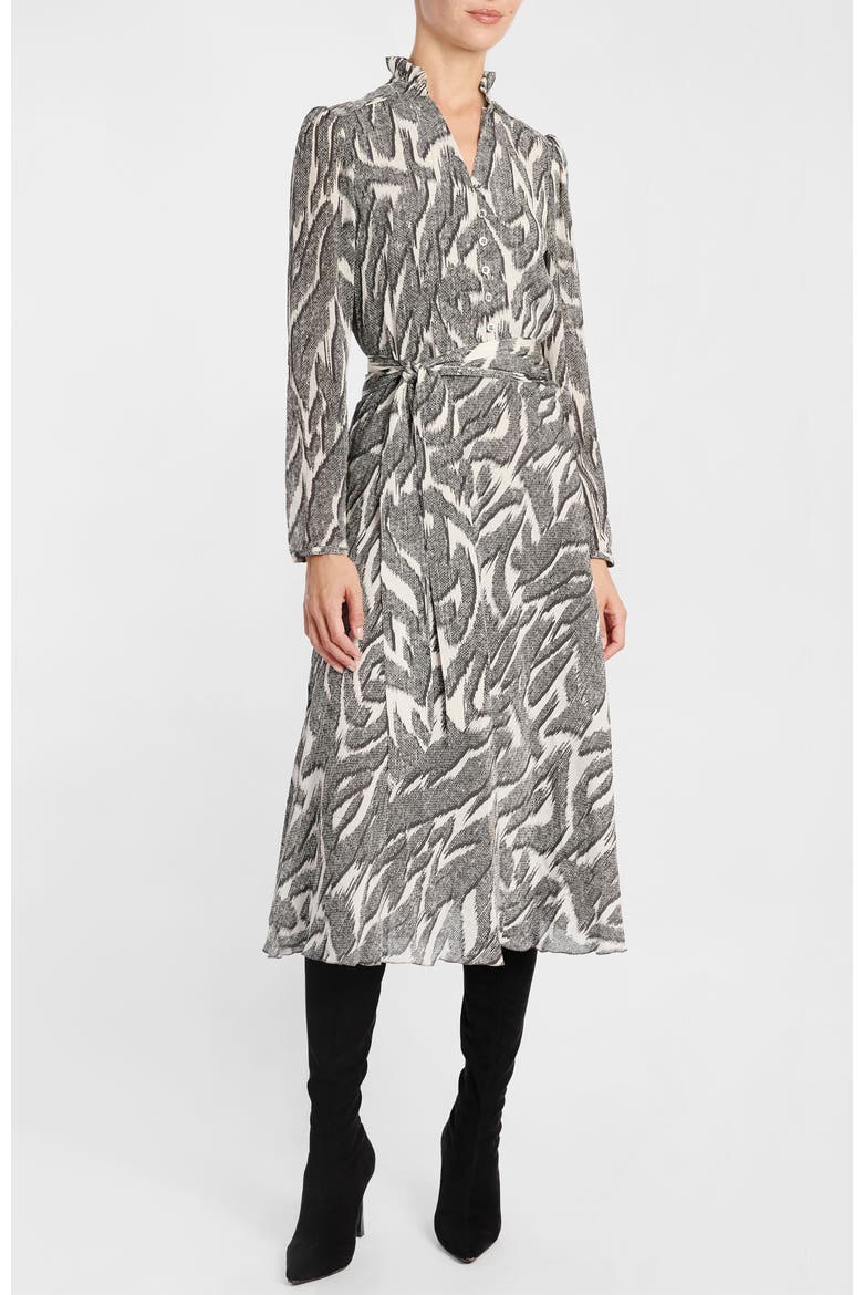 Irina Ruffle-Neck Buttoned Midi Dress, Alternate, color, Onyx Multi