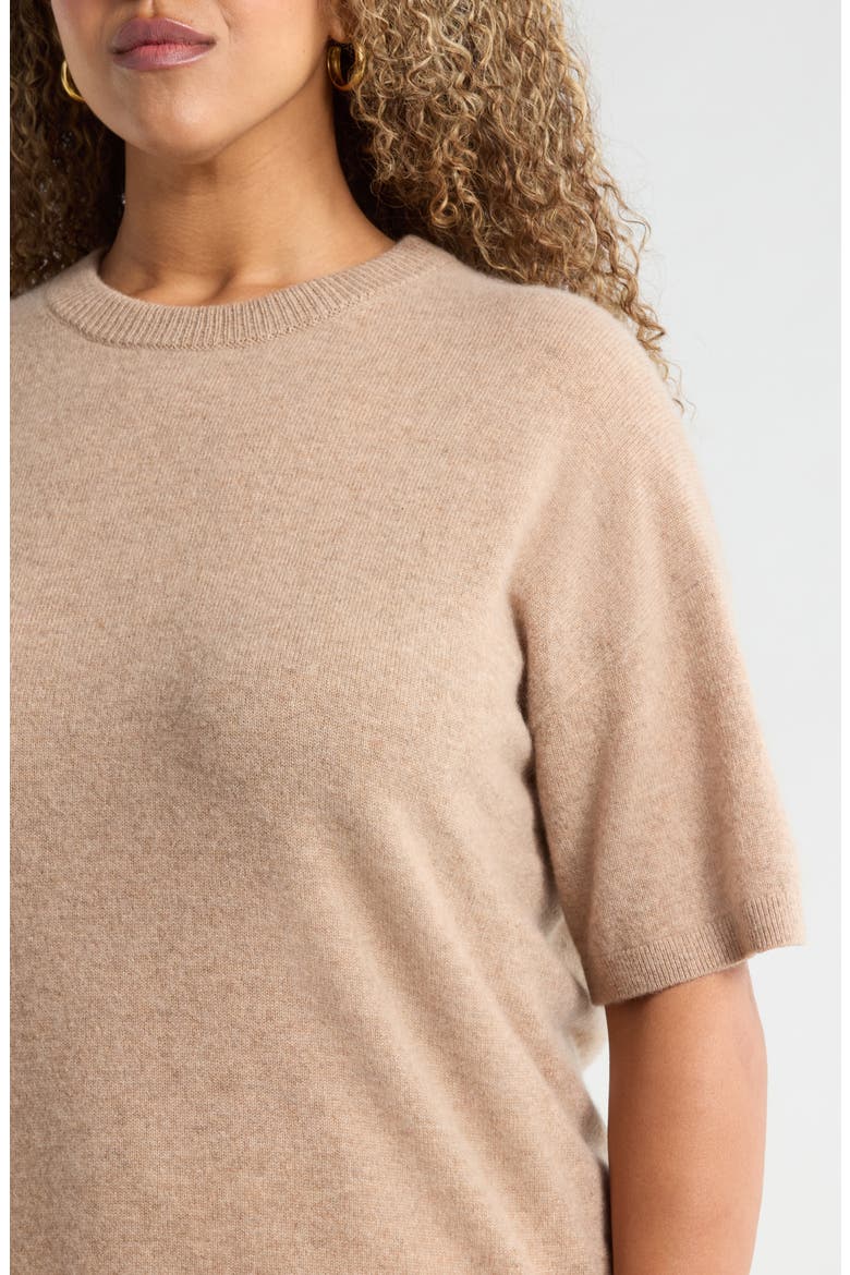 Short Sleeve Cashmere Sweater, Alternate, color, TAN CAMEL DARK HEATHER