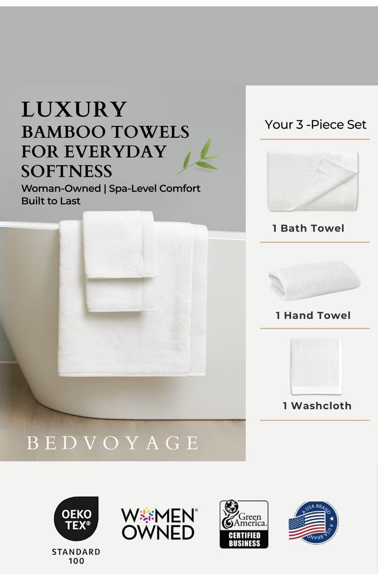 BedVoyage Luxury Viscose Odor & Mildew Resistant Towel Collection, 3pc Set, Alternate, color, White