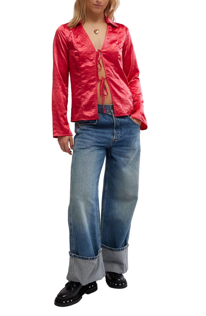 Free People Star Eyes Crinkle Satin Top, Alternate, color, Retro Red