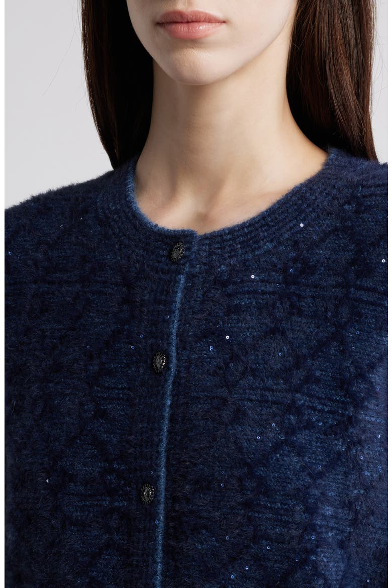 Evey Metalllic Jacquard Cardigan Sweater, Alternate, color, NAVY