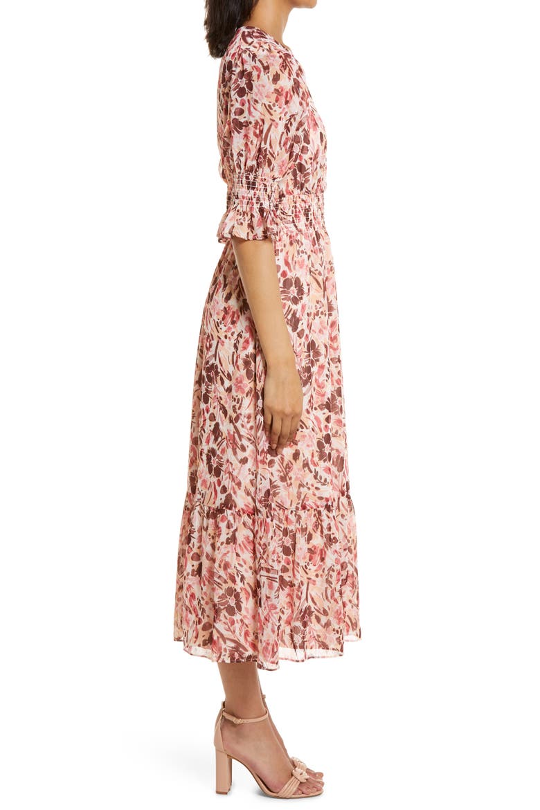 Floral Print Smocked Maxi Dress, Alternate, color, SOFT PEACH/ BURGUNDY
