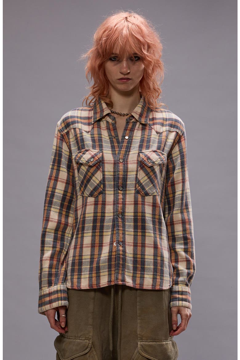 Slim Fit Plaid Flannel Western Shirt, Alternate, color, CREAM WHITE GREY ORANGE PLAID