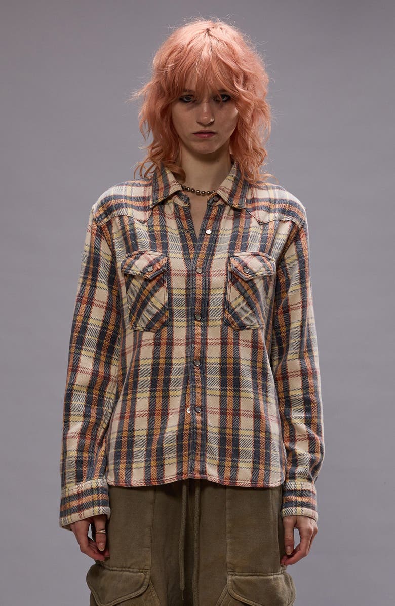 R13 Slim Fit Plaid Flannel Western Shirt, Alternate, color, Cream White Grey Orange Plaid