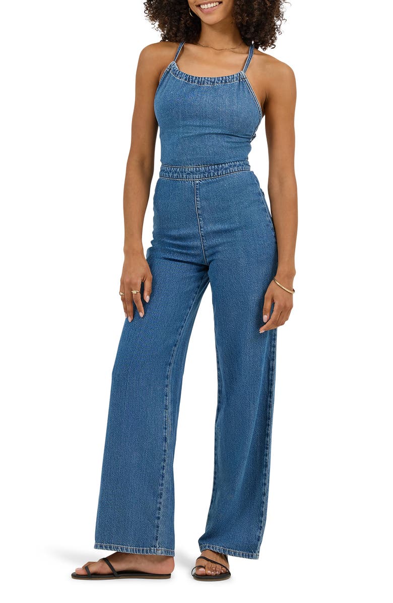 Lee Wide Leg Denim Halter Jumpsuit, Main, color, Take A Dive