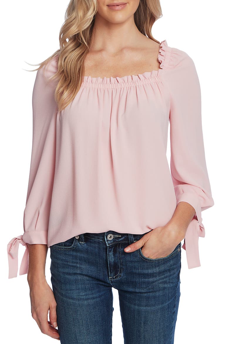 Square Neck Tie Cuff Crepe Top, Main, color, MOUNTAIN ROSE