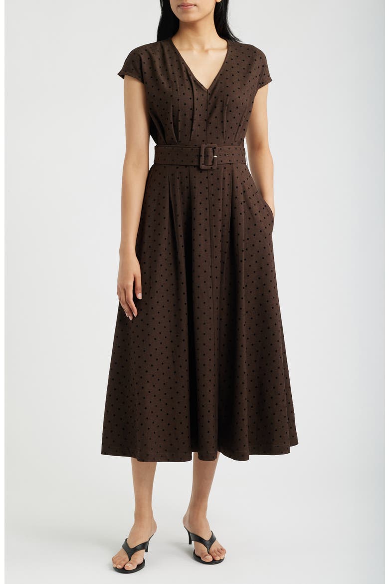 Dot Belted Midi Dress, Main, color, BROWN