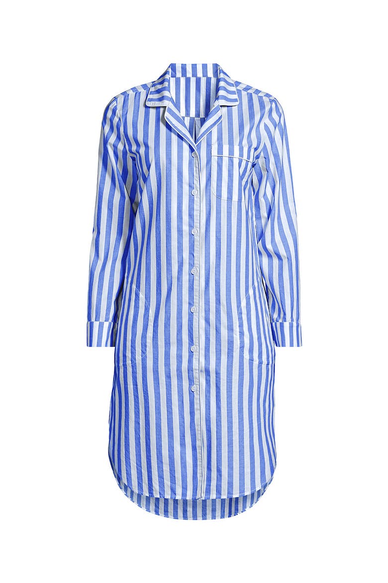 Cotton Poplin Long Sleeve Sleepshirt Nightgown, Alternate, color, Muted Cobalt Blue Stripe