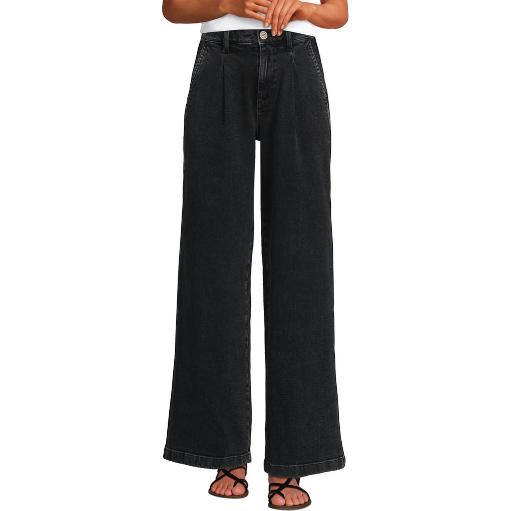 Lands' End High Rise Soft Denim Pleated Wide Leg Trousers In Black