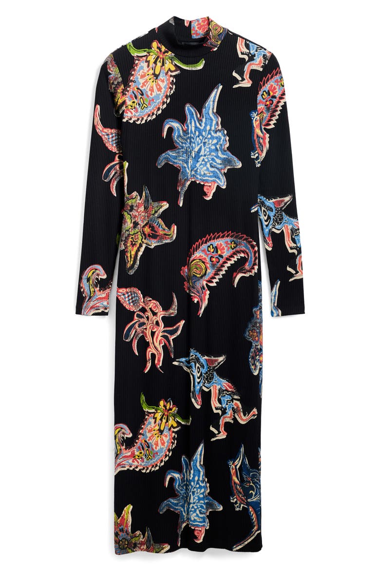 Abstract Print Long Sleeve Midi Dress, Alternate, color, BLACK