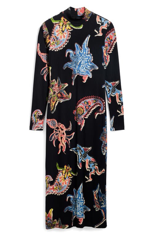 Desigual Abstract Print Long Sleeve Midi Dress In Black