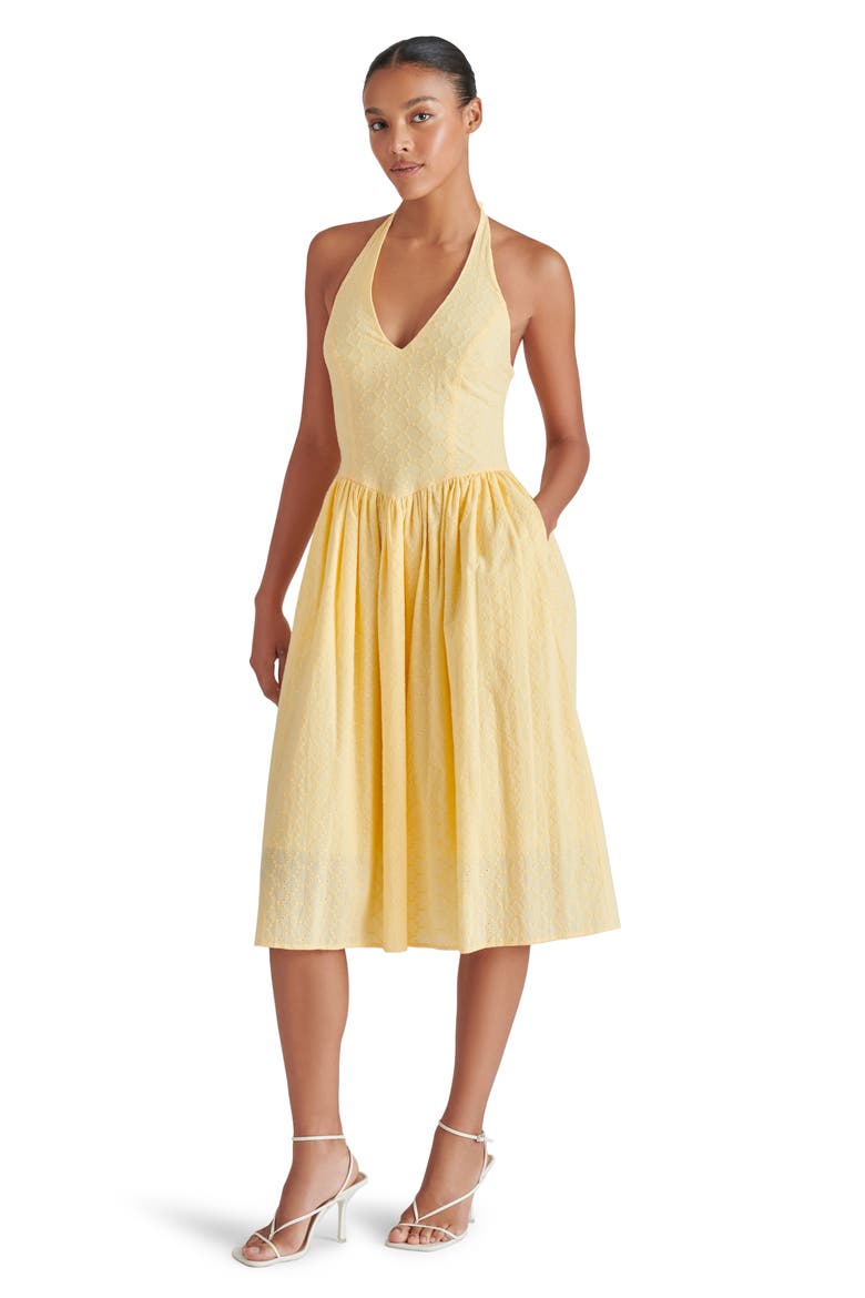 Ressi Eyelet Embroidered Cotton Halter Dress, Alternate, color, GOLDEN GLOW