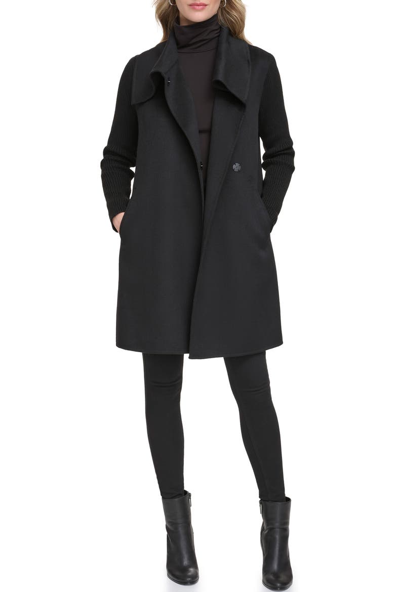 Rib Sleeve Mixed Media Coat, Alternate, color, BLACK