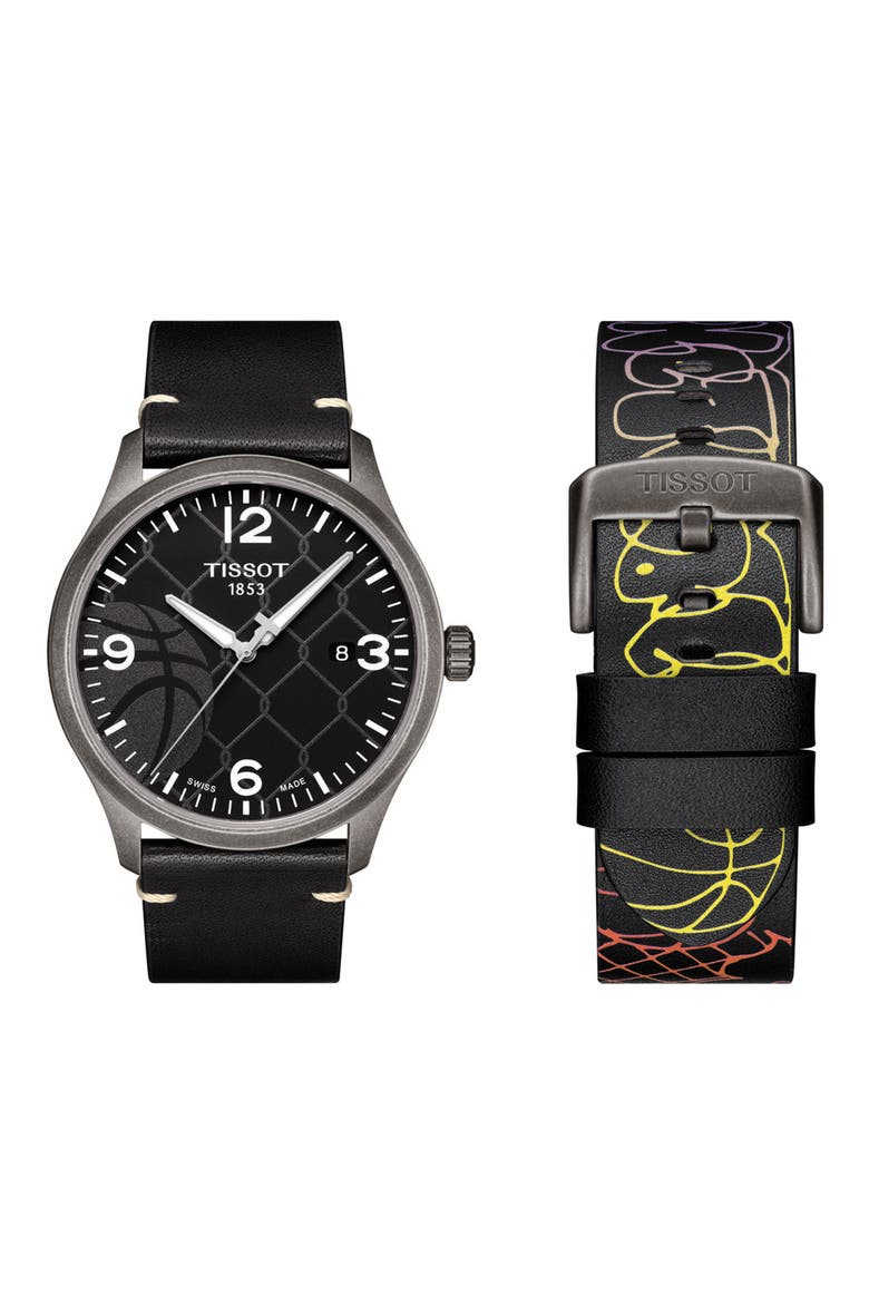 Men's Gent XL 3x3 Street Basketball Leather Strap Watch, 42mm, Alternate, color, GREY
