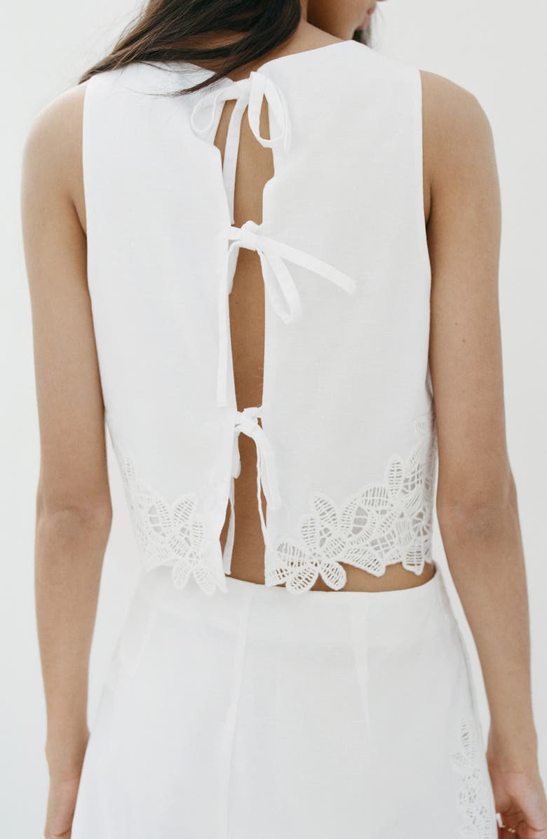 MANGO Embroidered Tie Back Sleeveless Crop Top, Alternate, color, Off White