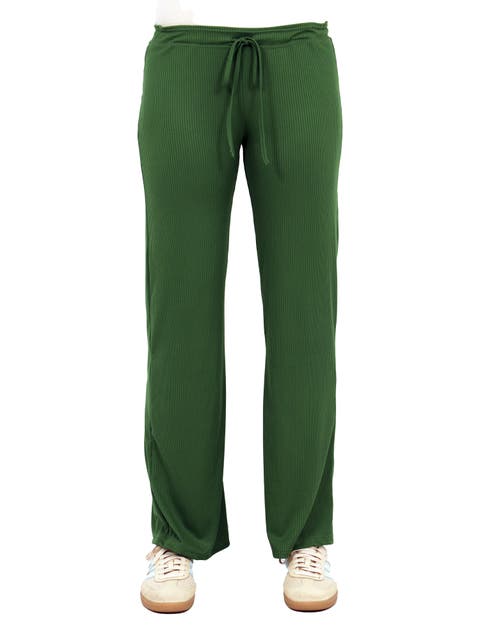 Womens Basic Ribbed Knit Drawstring Straight Leg Lounge Pants