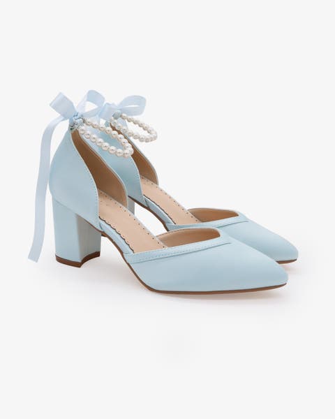 Sally Satin Block Heel Wedding Shoes with All Pearl Ankle Strap
