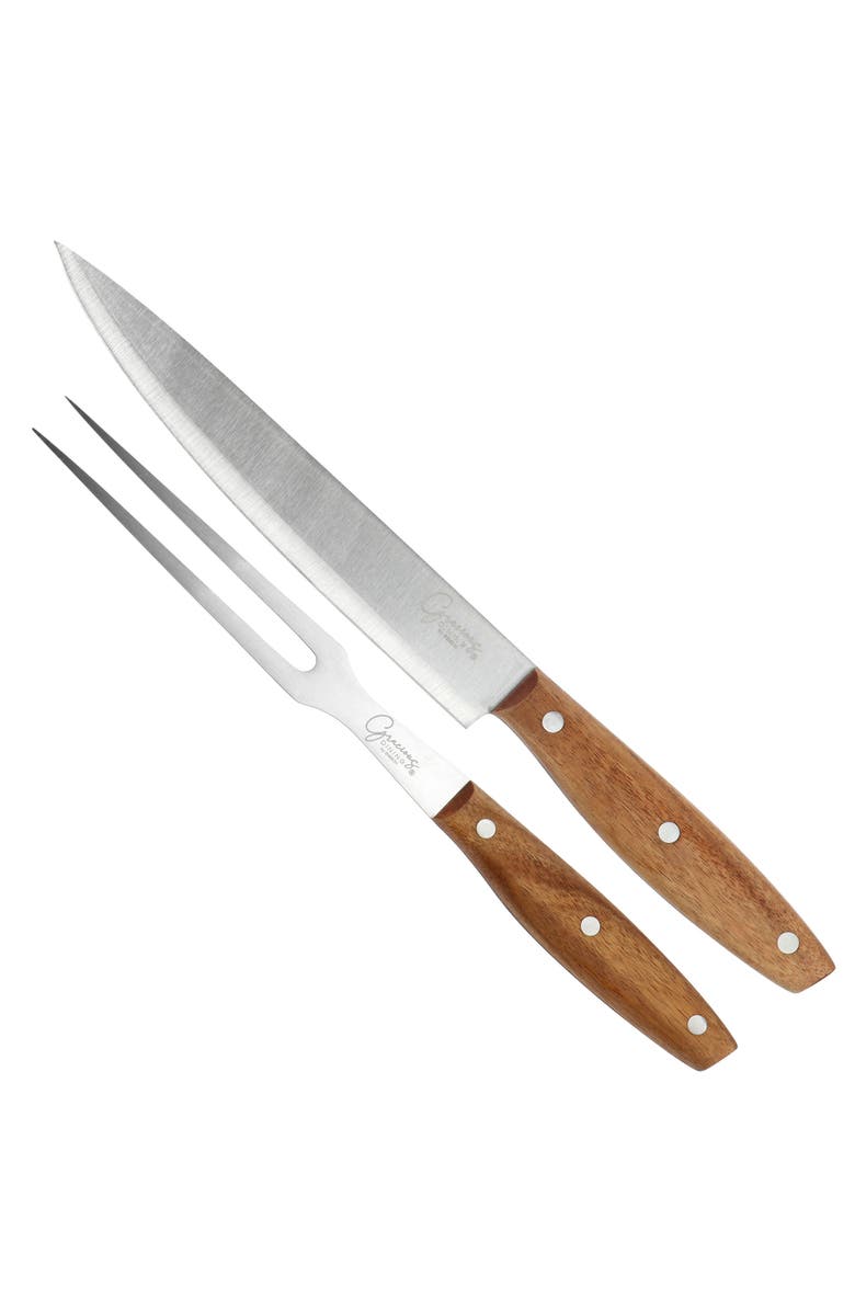 Gibson Elite 3 Piece Acacia Wood Serving Board with Carving Knife and Fork, Alternate, color, Brown