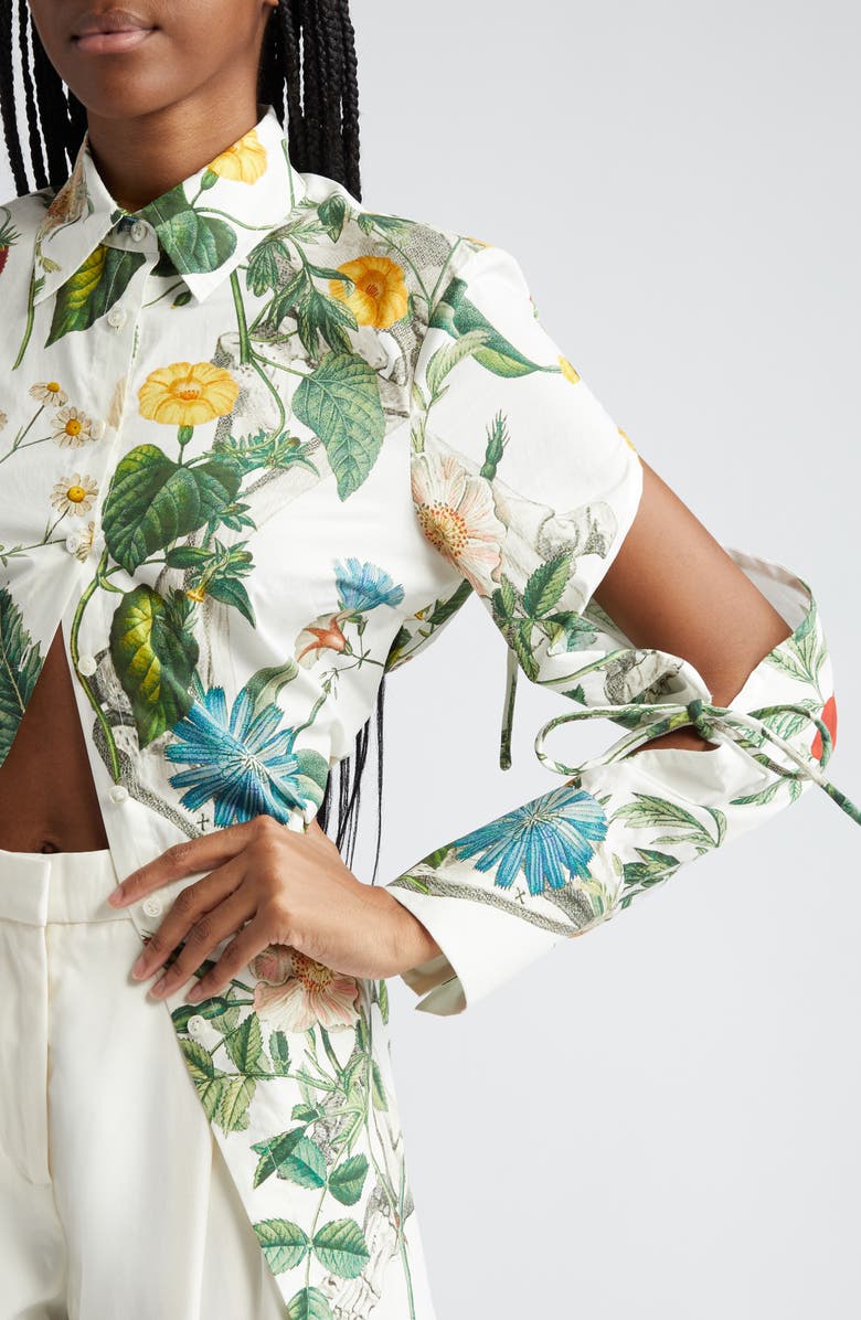 MONSE Floral Skeleton Print Cutout Cotton Button-Up Shirt, Alternate, color, 