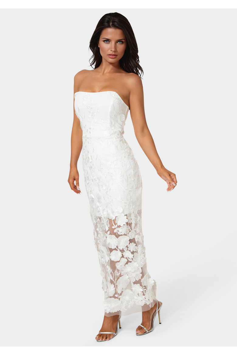 Strapless 3D Lace Column Dress, Alternate, color, White
