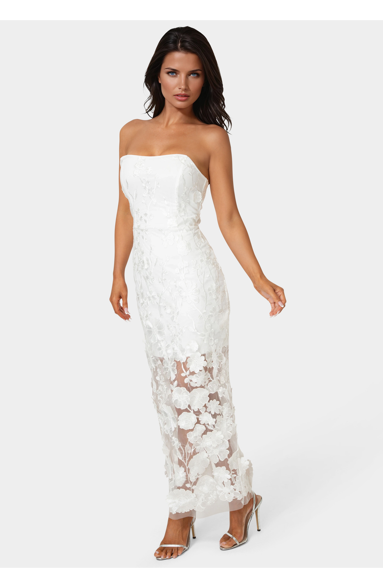 bebe Strapless 3D Lace Column Dress, Alternate, color, White