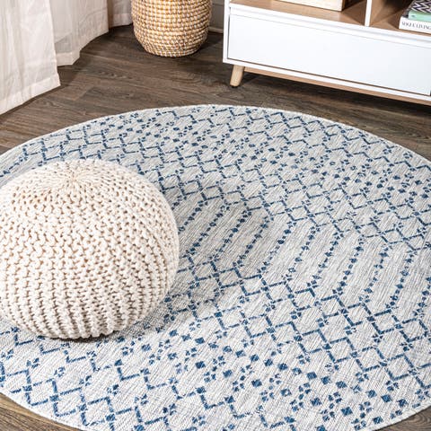 Ourika Moroccan Geometric Textured Weave Indoor/Outdoor Round Area Rug