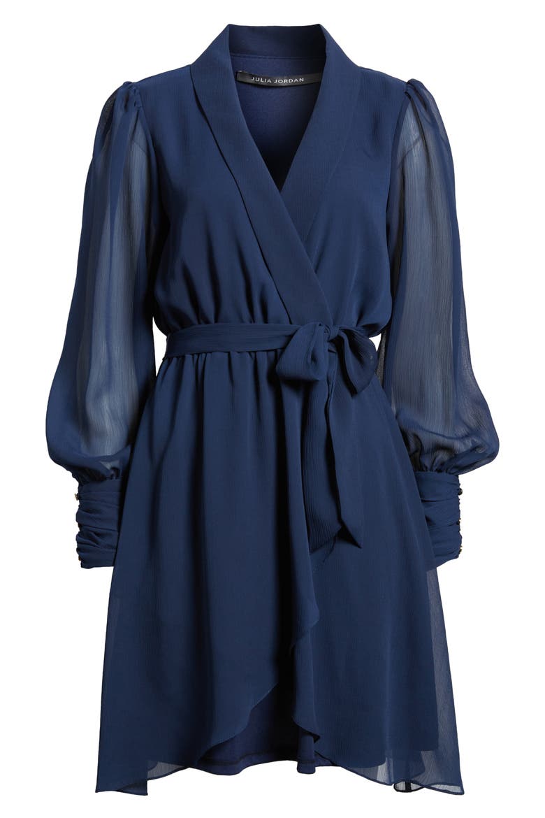 Long Sleeve Chiffon Faux Wrap Dress, Alternate, color, NAVY