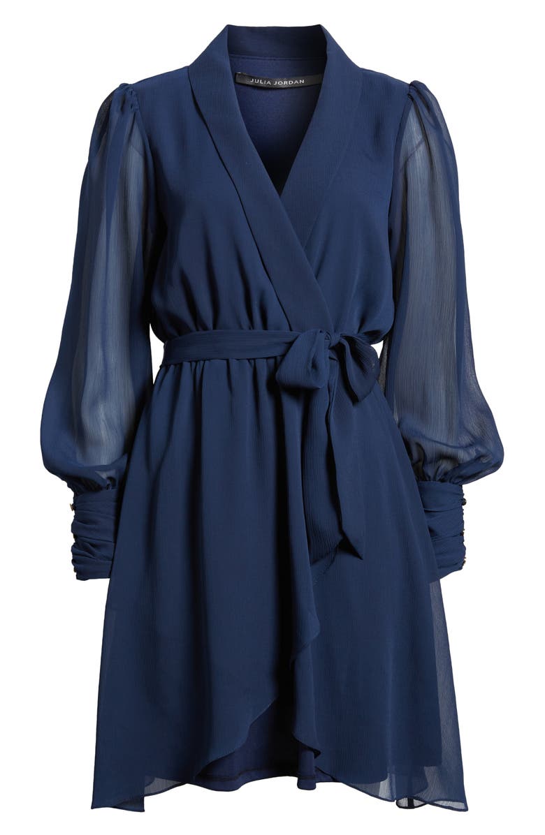 Julia Jordan Long Sleeve Chiffon Faux Wrap Dress, Alternate, color, Navy