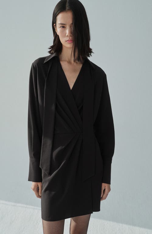 Mango Wrap Bodice Long Sleeve Dress With Removable Scarf In Black