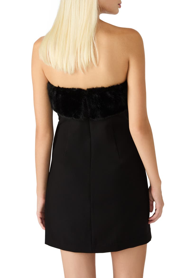 Aster Faux Fur Trim Strapless Minidress, Alternate, color, BLACK