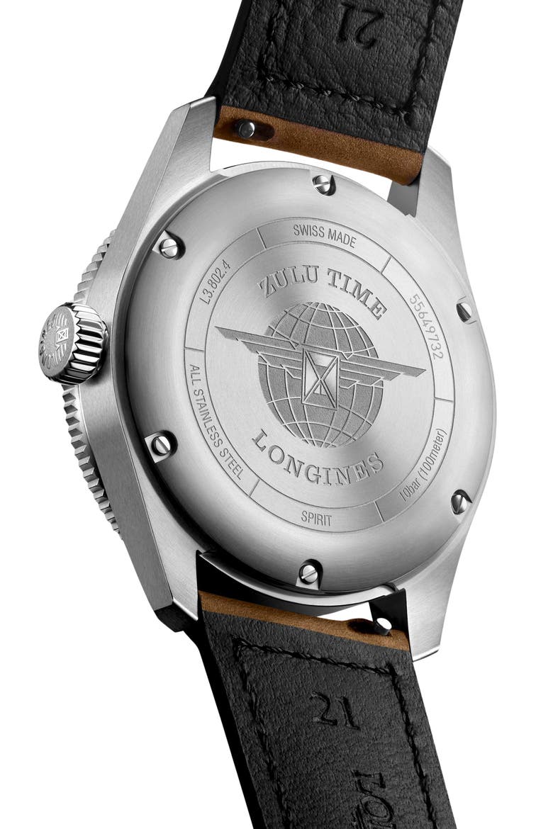 Spirit Zulu Time GMT Automatic Leather Strap Watch, 39mm, Alternate, color, BLACK/ ANTHRACITE
