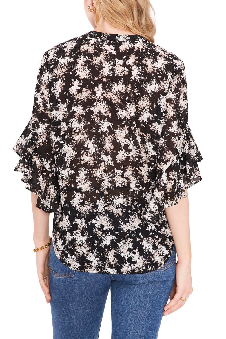 Ruffle Sleeve Split Neck Blouse, Alternate, color, RICH BLACK