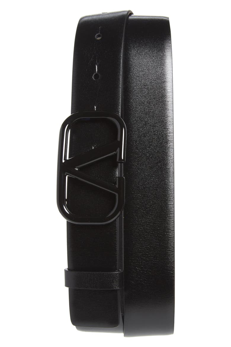 Valentino Logo Buckle Leather Belt, Main, color, BLACK