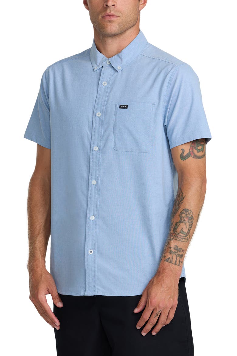 That'll Do Slim Fit Solid Short Sleeve Button-Down Shirt, Alternate, color, OXFORD BLUE NEW