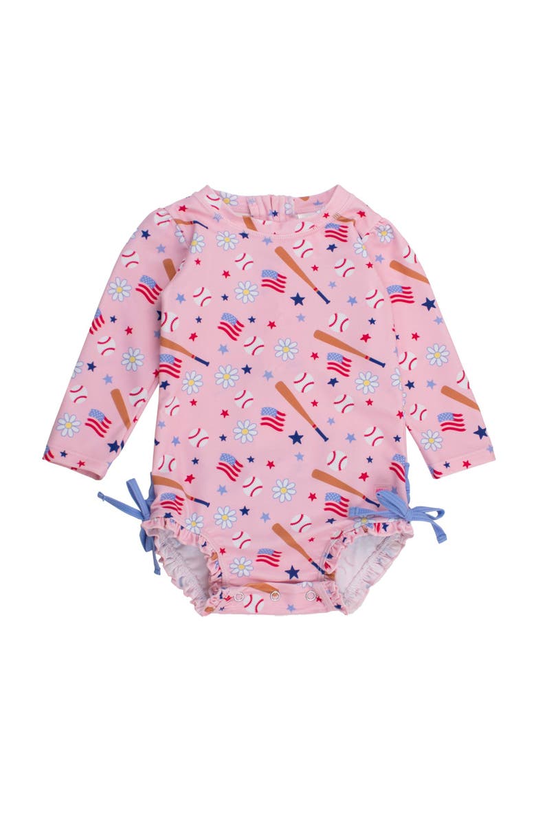 RuffleButts Baby Girls UPF50+ Sun Protected Americana Long Sleeve One Piece Rash Guard, Main, color, Pink Play Ball