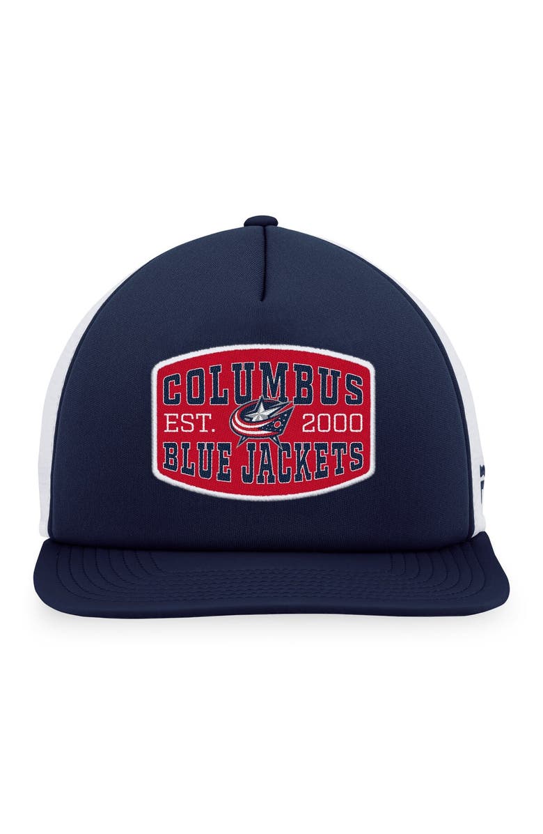 FANATICS Men's Fanatics Branded Navy/White Columbus Blue Jackets Foam Front Patch Trucker Snapback Hat, Alternate, color, Navy