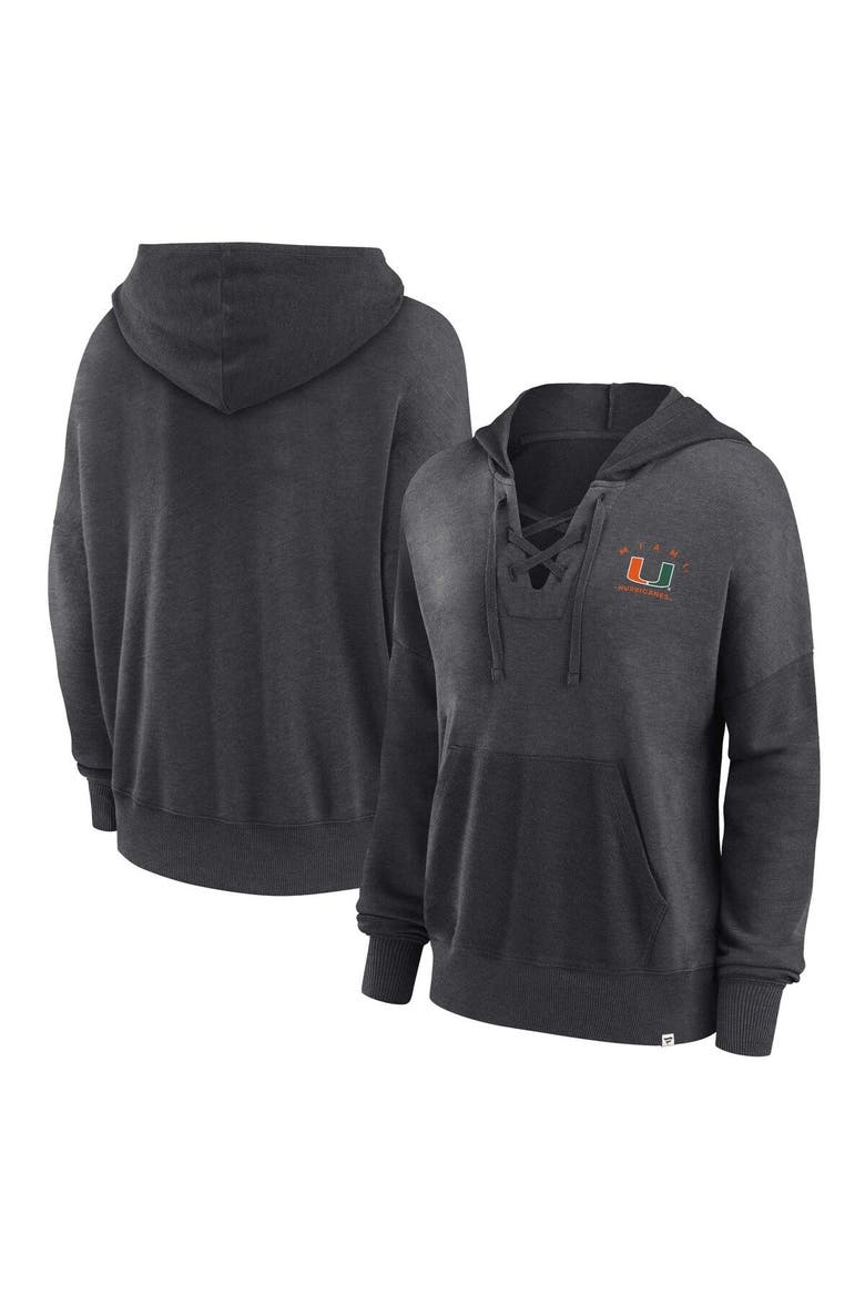 Women's Fanatics Branded Heather Charcoal Miami Hurricanes Campus Lace-Up Pullover Hoodie, Main, color, Heather Charcoal