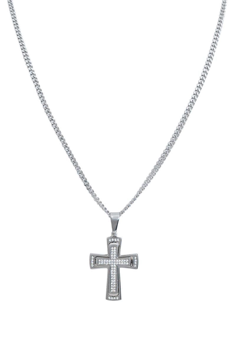 AMERICAN EXCHANGE Men's Set of 2 Figaro Chain & Pavé Crystal Cross Pendant Necklaces, Alternate, color, Silver/ Silver