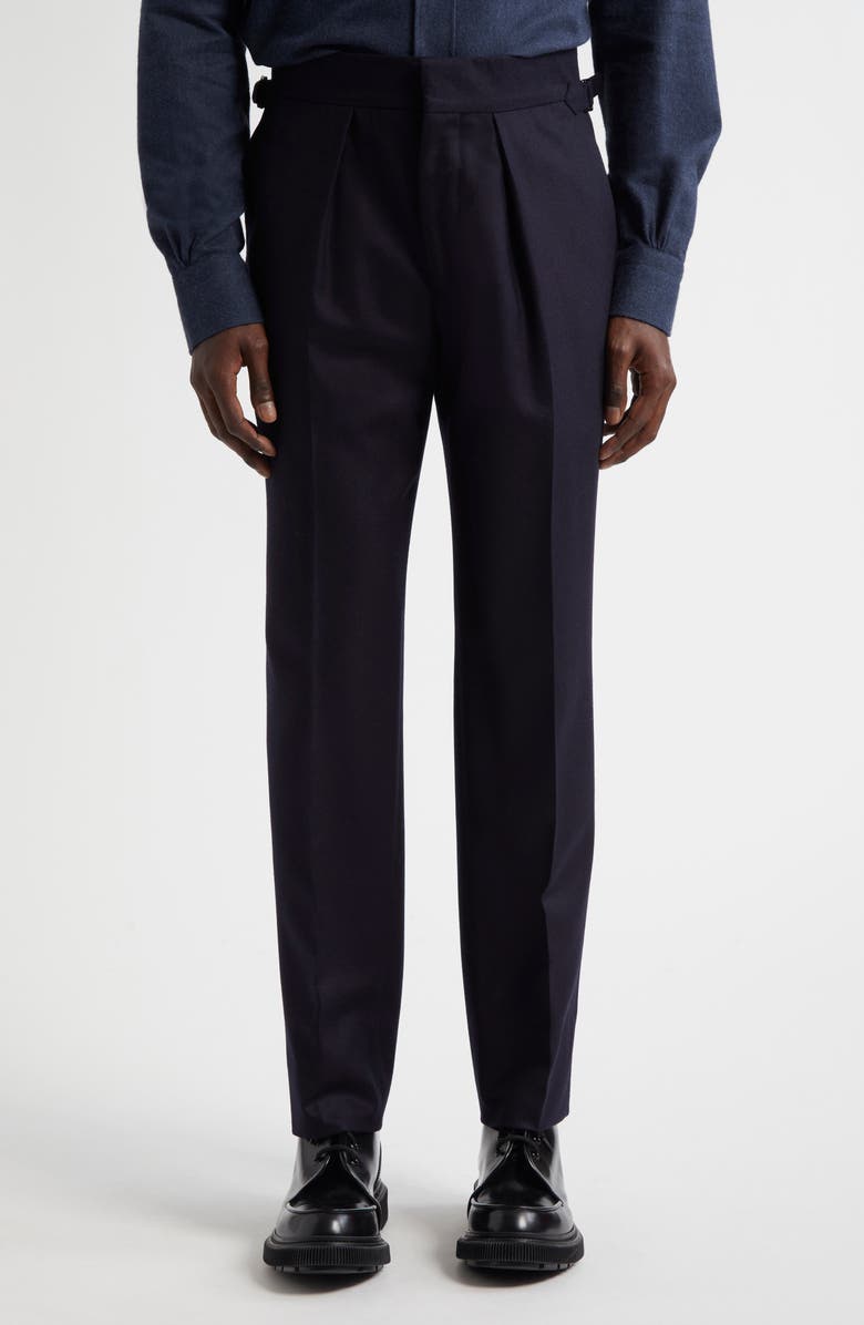Thom Sweeney Pleated Virgin Wool Twill Trousers, Main, color, Dark Navy