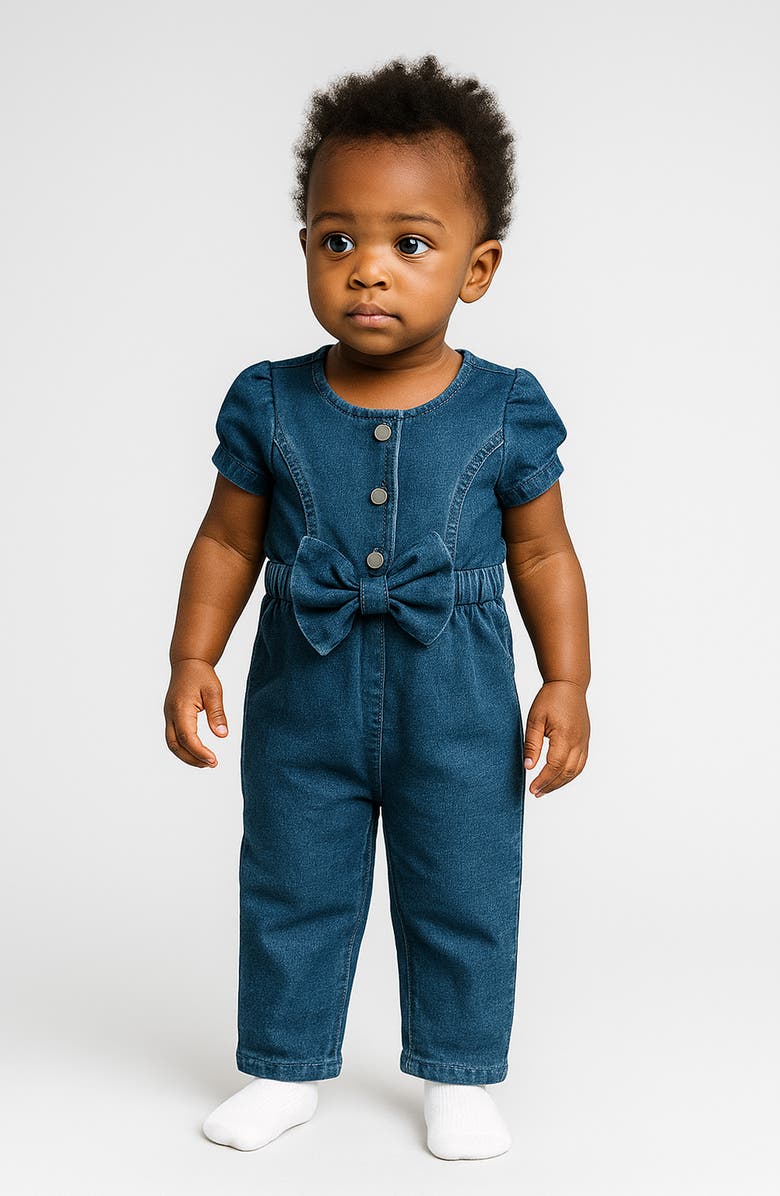 Habitual Kids Bow Front Puff Sleeve Cotton Blend Knit Denim Jumpsuit, Alternate, color, Denim