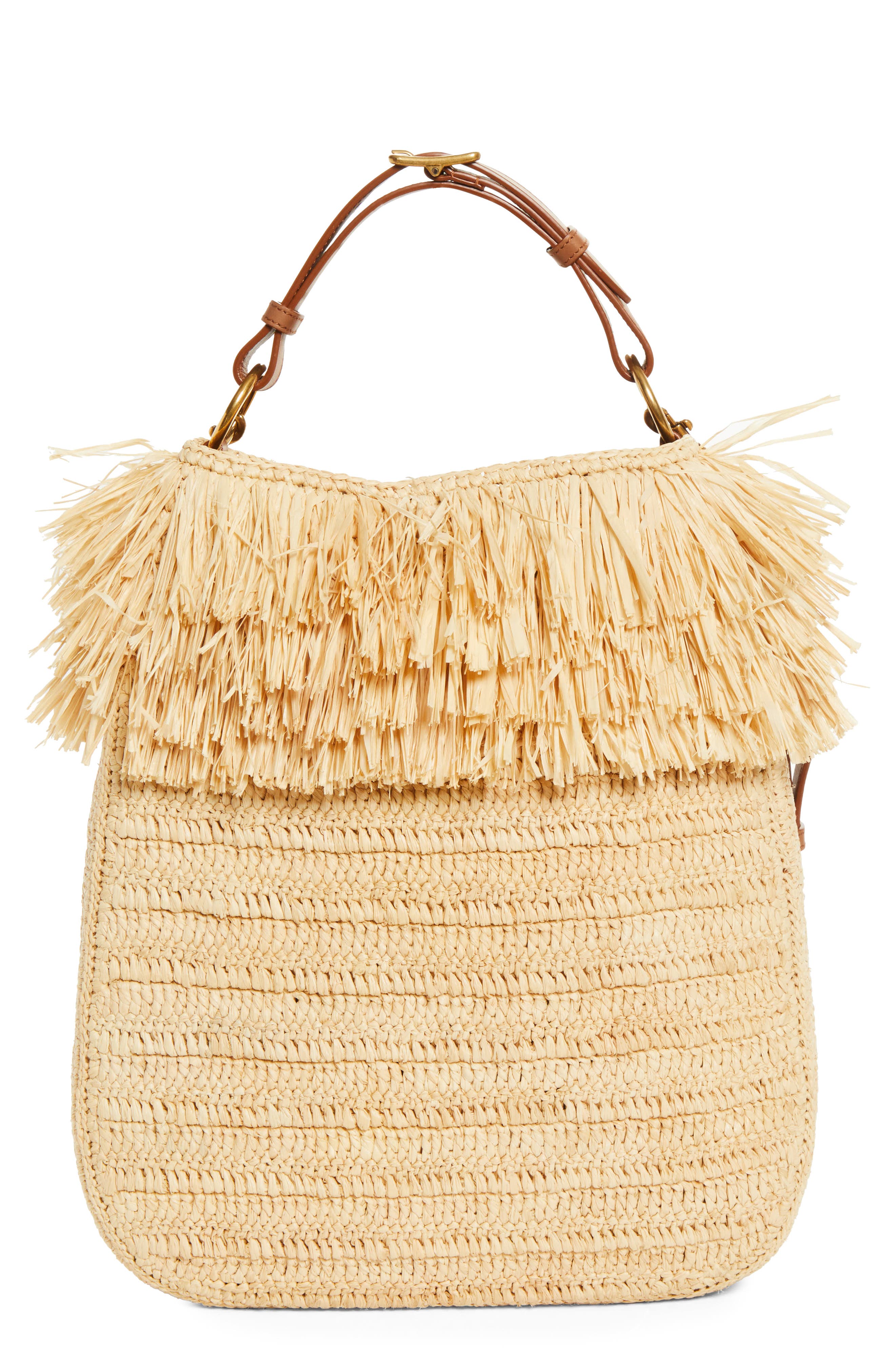 Saint Laurent Roady Fringed Raffia Shoulder Bag11324121, Main, color, 2791 Pale Brown/ Brick
