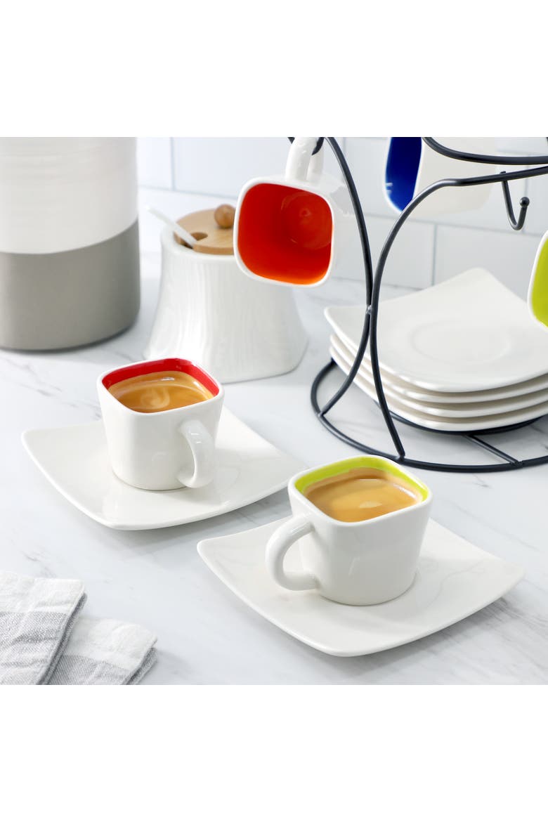 Crenshaw 13 Piece Square Stoneware Espresso Cup Set with Metal Stand, Alternate, color, Red