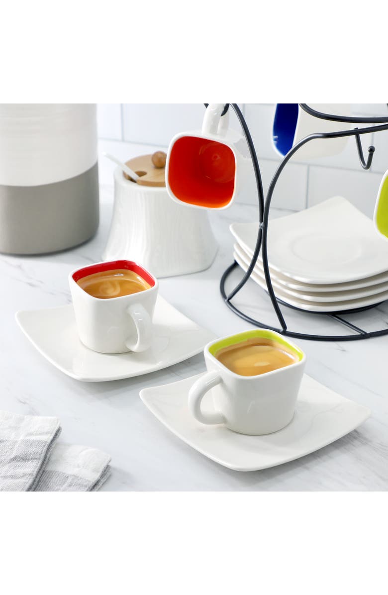 Gibson Home Crenshaw 13 Piece Square Stoneware Espresso Cup Set with Metal Stand, Alternate, color, Red